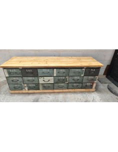 Ancien meuble d'atelier douze tiroirs patine verte