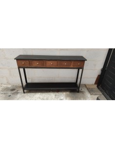 Console industrielle chêne à tiroirs, métal et bois