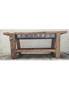 Ancien établi de menuisier huit tiroirs métal console industrielle