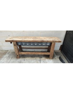 Ancien établi en chêne console à tiroirs métal 2