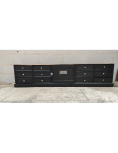 Meuble tv bas patine noire douze tiroirs et une porte 2