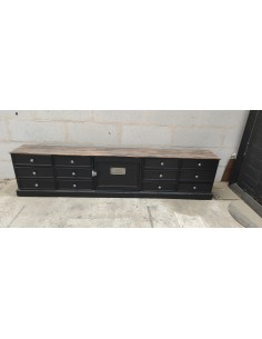Meuble tv bas patine noire douze tiroirs et une porte