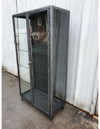 Ancienne vitrine deux portes industrielle médicale métal patine graphite