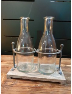 Paire de flacons en verre sur socle métal et bois vase décoratif