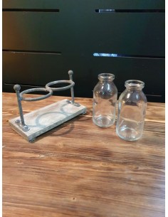 Paire de flacons en verre sur socle métal et bois vase décoratif hauteur 12 cm 2