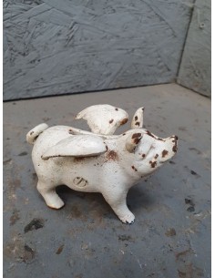 Tirelire cochon à ailes en fonte vieillie décoration long 10.5 cm blanc