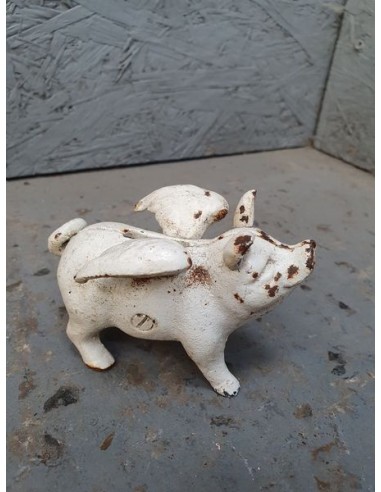 Tirelire cochon à ailes en fonte vieillie décoration long 10.5 cm blanc