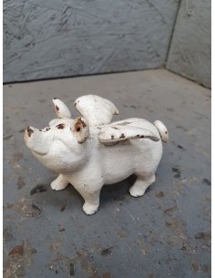 Tirelire cochon à ailes en fonte vieillie décoration long 10.5 cm blanc 2