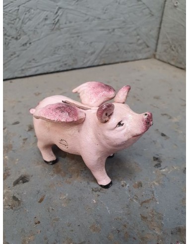 Tirelire cochon à ailes en fonte rose décoration long 10.5 cm