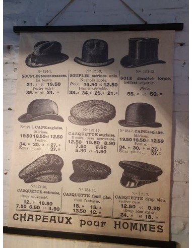Affiche tissus les chapeaux magasin chapelier  100 cm x 81 cm