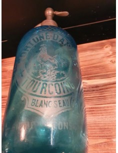 Ancien siphon bouteille eau seltz Bleu décors au coq Fortune Darras Tourcoing