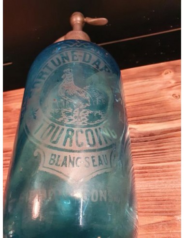 Ancien siphon bouteille eau seltz Bleu décors au coq Fortune Darras Tourcoing