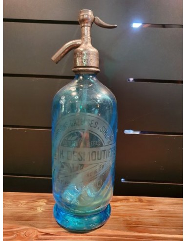Ancien siphon bouteille eau seltz bleu Desmoutiers à Saint Quentin
