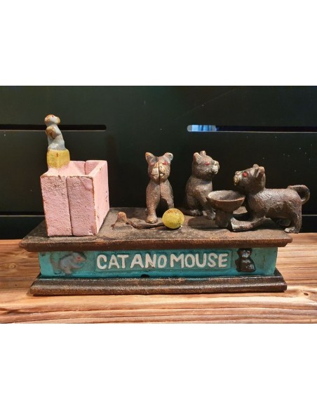 Tirelire articulée en fonte chat joueur décoration vintage