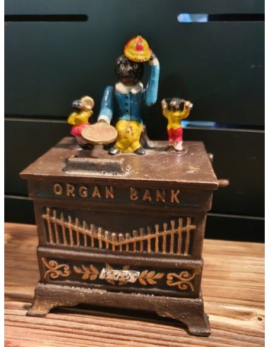 Tirelire articulée en fonte Singe orgue musical décoration vintage organ bank