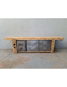 Ancien établi meuble bas tv industriel vintage chêne et métal
