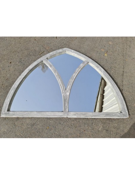 Miroir bois cathédrale patine gris blanc trois sections