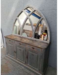 Grand miroir bois cathédrale patine gris blanc six sections 2