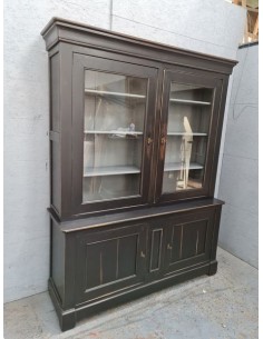 Meuble deux corps vaisselier vintage patine noire vitrine industrielle