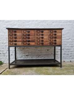 Meuble de métier vingt tiroirs, mobilier industriel chêne et métal