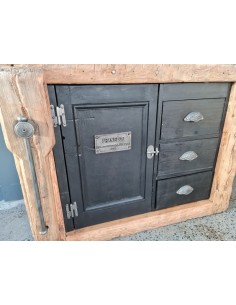 Ancien établi porte et trois tiroirs patine noire mobilier industriel 2
