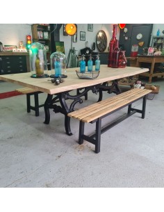 Paire de banc ancien sapin piètement patine noire 2