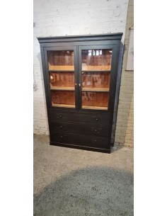 Ancienne bibliothèque industrielle bois massif deux portes vitrées et trois tiroirs 2