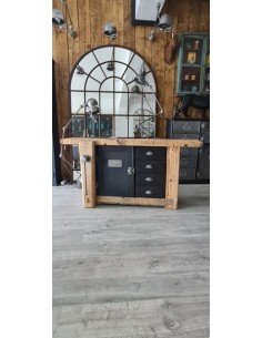 Ancien établi de menuisier une porte et quatre tiroirs patine noire 2