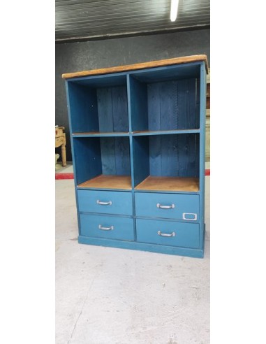 Ancien meuble d'atelier quatre tiroirs patine bleue d'origine