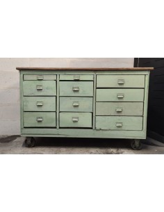 Meuble à tiroirs d'atelier patine verte roulettes fonte 2