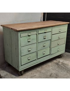 Meuble à tiroirs d'atelier patine verte roulettes fonte