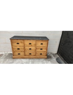 Meuble neuf tiroirs trois tablettes pin ciré , meuble de métier industriel